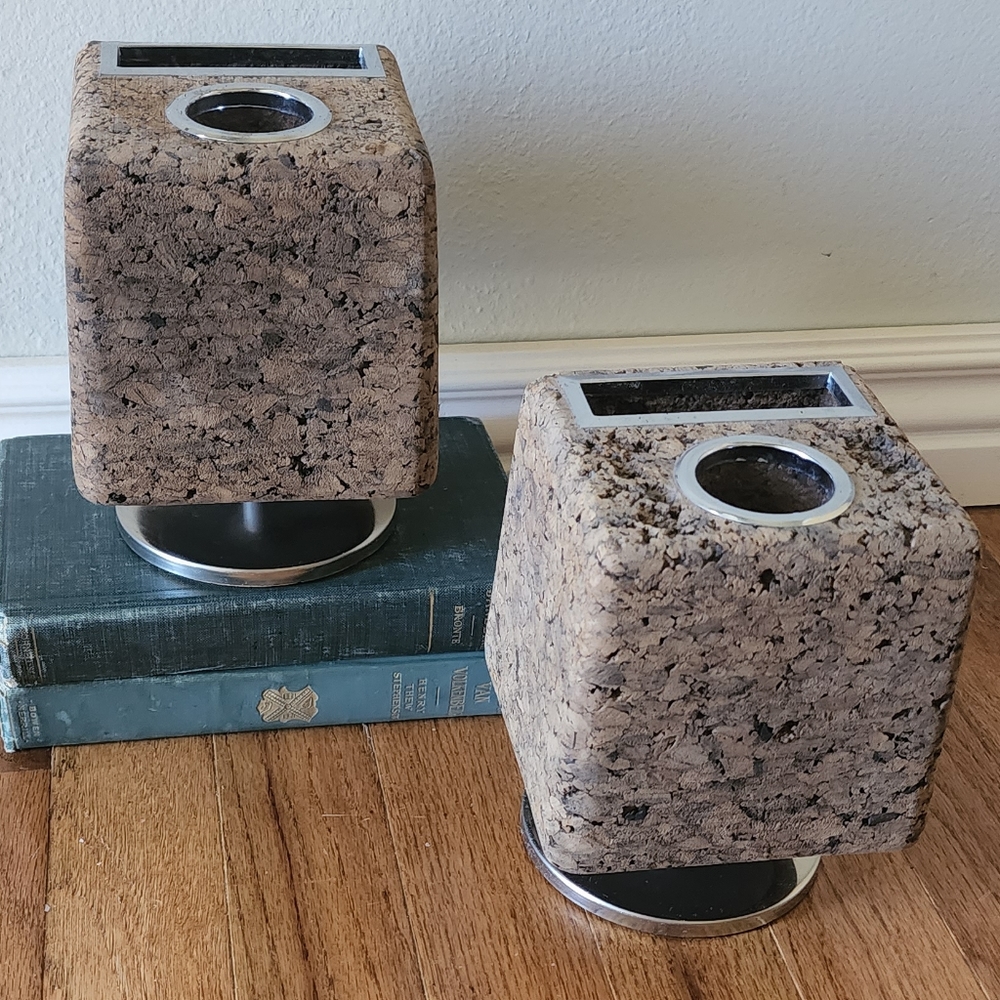 Pair of vintage park sherman mcm chrome & cork bulletin cube desk organizers